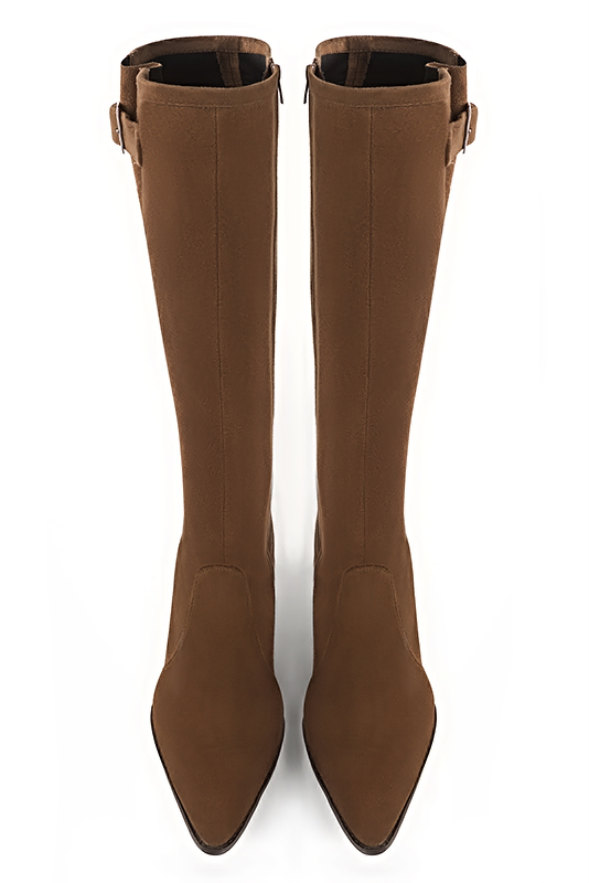 Caramel brown women's knee-high boots with buckles. Tapered toe. High cone heels. Made to measure. Top view - Florence KOOIJMAN